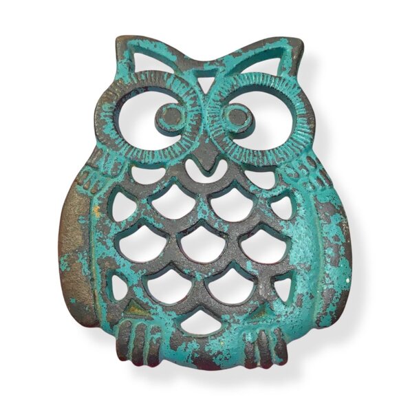 None Other - Vintage Trivit Cast Iron Owl Turquoise Teal Rustic Cottagecore Wise 7 X 6 Whimsi